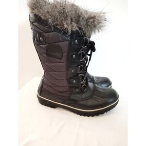 Sorel Winter Carnival Women 7 Black Quilted Faux Fur Lace‑Up Waterproof Snow Boo